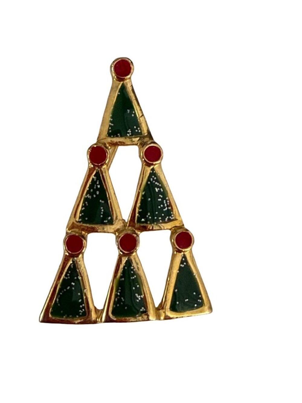 Vintage Christmas Tree Brooch Gold Tone Green Red Enamel Openwork Geometric 1.75